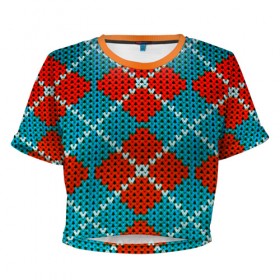 Женская футболка 3D укороченная с принтом Knitting pattern в Екатеринбурге, 100% полиэстер | круглая горловина, длина футболки до линии талии, рукава с отворотами | вязаный | рождество | свитер | текстура