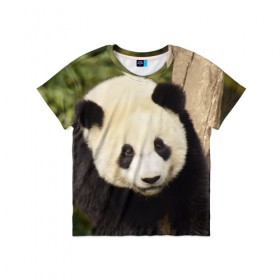 Детская футболка 3D с принтом Панда на дереве в Екатеринбурге, 100% гипоаллергенный полиэфир | прямой крой, круглый вырез горловины, длина до линии бедер, чуть спущенное плечо, ткань немного тянется | животные | лес | медведь | медвежонок | панда | природа