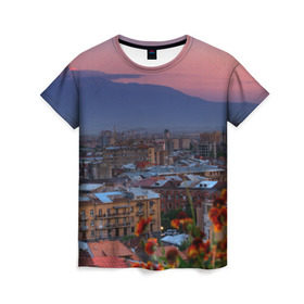 Женская футболка 3D с принтом Армения в Екатеринбурге, 100% полиэфир ( синтетическое хлопкоподобное полотно) | прямой крой, круглый вырез горловины, длина до линии бедер | айастан | армения | город | горы | дома | ереван | закат | пейзаж | ромашки | столица | страна | флора | хайастан | цветы | эривань