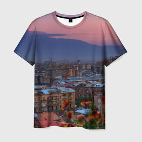 Мужская футболка 3D с принтом Армения в Екатеринбурге, 100% полиэфир | прямой крой, круглый вырез горловины, длина до линии бедер | айастан | армения | город | горы | дома | ереван | закат | пейзаж | ромашки | столица | страна | флора | хайастан | цветы | эривань