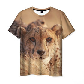 Мужская футболка 3D с принтом Гепард в Екатеринбурге, 100% полиэфир | прямой крой, круглый вырез горловины, длина до линии бедер | Тематика изображения на принте: амурский | гепард | животные | зверь | киса | кот | котенок | кошка | лев | леопард | пума | рысь | серый | тигр | тигренок | хищник