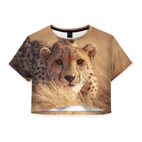 Женская футболка 3D укороченная с принтом Гепард в Екатеринбурге, 100% полиэстер | круглая горловина, длина футболки до линии талии, рукава с отворотами | амурский | гепард | животные | зверь | киса | кот | котенок | кошка | лев | леопард | пума | рысь | серый | тигр | тигренок | хищник