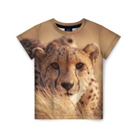Детская футболка 3D с принтом Гепард в Екатеринбурге, 100% гипоаллергенный полиэфир | прямой крой, круглый вырез горловины, длина до линии бедер, чуть спущенное плечо, ткань немного тянется | Тематика изображения на принте: амурский | гепард | животные | зверь | киса | кот | котенок | кошка | лев | леопард | пума | рысь | серый | тигр | тигренок | хищник
