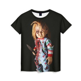 Женская футболка 3D с принтом Чаки в Екатеринбурге, 100% полиэфир ( синтетическое хлопкоподобное полотно) | прямой крой, круглый вырез горловины, длина до линии бедер | Тематика изображения на принте: chucky | кино | кровь | кукла | нож | ужасы | чаки