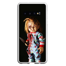 Чехол для Samsung Galaxy S10 с принтом Чаки в Екатеринбурге, Силикон | Область печати: задняя сторона чехла, без боковых панелей | Тематика изображения на принте: chucky | кино | кровь | кукла | нож | ужасы | чаки