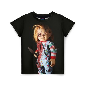 Детская футболка 3D с принтом Чаки в Екатеринбурге, 100% гипоаллергенный полиэфир | прямой крой, круглый вырез горловины, длина до линии бедер, чуть спущенное плечо, ткань немного тянется | chucky | кино | кровь | кукла | нож | ужасы | чаки