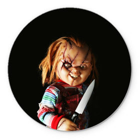 Коврик круглый с принтом Чаки в Екатеринбурге, резина и полиэстер | круглая форма, изображение наносится на всю лицевую часть | chucky | кино | кровь | кукла | нож | ужасы | чаки