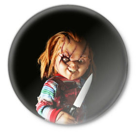 Значок с принтом Чаки в Екатеринбурге,  металл | круглая форма, металлическая застежка в виде булавки | chucky | кино | кровь | кукла | нож | ужасы | чаки