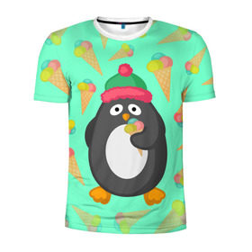 Мужская футболка 3D спортивная с принтом Пингвин с мороженым в Екатеринбурге, 100% полиэстер с улучшенными характеристиками | приталенный силуэт, круглая горловина, широкие плечи, сужается к линии бедра | Тематика изображения на принте: животные | милые животные | мороженое | пингвин | прикольные животные