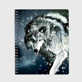 Тетрадь с принтом Волк в Екатеринбурге, 100% бумага | 48 листов, плотность листов — 60 г/м2, плотность картонной обложки — 250 г/м2. Листы скреплены сбоку удобной пружинной спиралью. Уголки страниц и обложки скругленные. Цвет линий — светло-серый
 | Тематика изображения на принте: animal | art | night | painting | predator | snow | view | winter | wolf | взгляд | волк | животное | зима | искусство | картина | ночь | снег | хищник