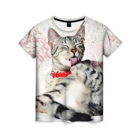Женская футболка 3D с принтом Кошка в Екатеринбурге, 100% полиэфир ( синтетическое хлопкоподобное полотно) | прямой крой, круглый вырез горловины, длина до линии бедер | cat | collar | heel | licking | lying | red | striped | кошка | красный | лежит | лижет | ошейник | полосатая | пятка