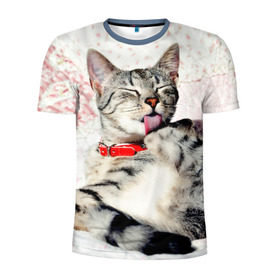 Мужская футболка 3D спортивная с принтом Кошка в Екатеринбурге, 100% полиэстер с улучшенными характеристиками | приталенный силуэт, круглая горловина, широкие плечи, сужается к линии бедра | cat | collar | heel | licking | lying | red | striped | кошка | красный | лежит | лижет | ошейник | полосатая | пятка