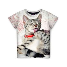 Детская футболка 3D с принтом Кошка в Екатеринбурге, 100% гипоаллергенный полиэфир | прямой крой, круглый вырез горловины, длина до линии бедер, чуть спущенное плечо, ткань немного тянется | cat | collar | heel | licking | lying | red | striped | кошка | красный | лежит | лижет | ошейник | полосатая | пятка