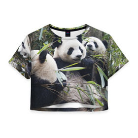 Женская футболка 3D укороченная с принтом Семейка панд в Екатеринбурге, 100% полиэстер | круглая горловина, длина футболки до линии талии, рукава с отворотами | бамбук | животное | зверь | косолапый | лес | медведи | медведь | миша | мишка | мишутка | млекопитающее | панда | природа | трое