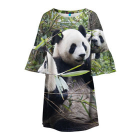 Детское платье 3D с принтом Семейка панд в Екатеринбурге, 100% полиэстер | прямой силуэт, чуть расширенный к низу. Круглая горловина, на рукавах — воланы | бамбук | животное | зверь | косолапый | лес | медведи | медведь | миша | мишка | мишутка | млекопитающее | панда | природа | трое