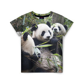 Детская футболка 3D с принтом Семейка панд в Екатеринбурге, 100% гипоаллергенный полиэфир | прямой крой, круглый вырез горловины, длина до линии бедер, чуть спущенное плечо, ткань немного тянется | бамбук | животное | зверь | косолапый | лес | медведи | медведь | миша | мишка | мишутка | млекопитающее | панда | природа | трое