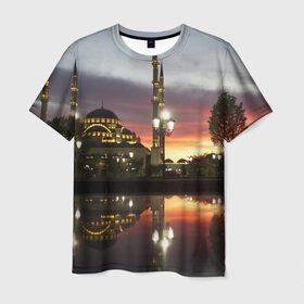 Мужская футболка 3D с принтом Мечеть в Грозном в Екатеринбурге, 100% полиэфир | прямой крой, круглый вырез горловины, длина до линии бедер | вода | город | грозный | закат | ичкерия | кааба | мечеть | огни | пейзаж | святилище | столица | фонтан | храм | чечня