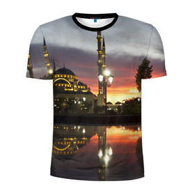 Мужская футболка 3D спортивная с принтом Мечеть в Грозном в Екатеринбурге, 100% полиэстер с улучшенными характеристиками | приталенный силуэт, круглая горловина, широкие плечи, сужается к линии бедра | вода | город | грозный | закат | ичкерия | кааба | мечеть | огни | пейзаж | святилище | столица | фонтан | храм | чечня