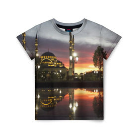 Детская футболка 3D с принтом Мечеть в Грозном в Екатеринбурге, 100% гипоаллергенный полиэфир | прямой крой, круглый вырез горловины, длина до линии бедер, чуть спущенное плечо, ткань немного тянется | вода | город | грозный | закат | ичкерия | кааба | мечеть | огни | пейзаж | святилище | столица | фонтан | храм | чечня