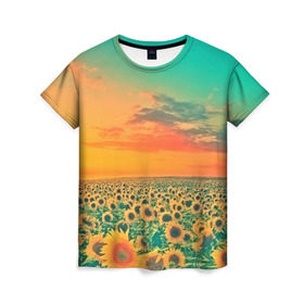 Женская футболка 3D с принтом Подсолнух в Екатеринбурге, 100% полиэфир ( синтетическое хлопкоподобное полотно) | прямой крой, круглый вырез горловины, длина до линии бедер | flower | лето | поле | полевой цветок | природа | цветочки | цветы