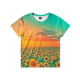 Детская футболка 3D с принтом Подсолнух в Екатеринбурге, 100% гипоаллергенный полиэфир | прямой крой, круглый вырез горловины, длина до линии бедер, чуть спущенное плечо, ткань немного тянется | flower | лето | поле | полевой цветок | природа | цветочки | цветы