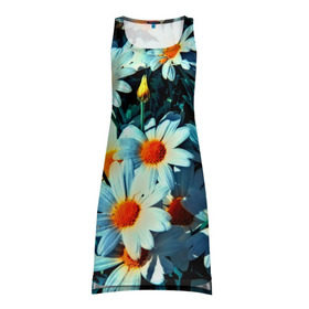 Платье-майка 3D с принтом Полевые ромашки в Екатеринбурге, 100% полиэстер | полуприлегающий силуэт, широкие бретели, круглый вырез горловины, удлиненный подол сзади. | flower | лето | полевой цветок | цветочки | цветы