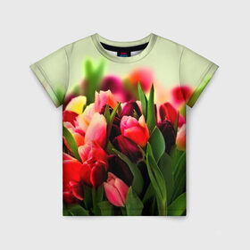 Детская футболка 3D с принтом Букет тюльпанов в Екатеринбурге, 100% гипоаллергенный полиэфир | прямой крой, круглый вырез горловины, длина до линии бедер, чуть спущенное плечо, ткань немного тянется | flower | весна | цветочки | цветы