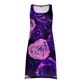 Платье-майка 3D с принтом Фиолетовые розы в Екатеринбурге, 100% полиэстер | полуприлегающий силуэт, широкие бретели, круглый вырез горловины, удлиненный подол сзади. | flower | прикцветочки | розы | цветы