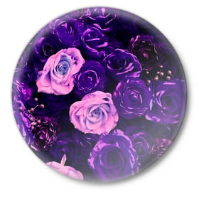 Значок с принтом Фиолетовые розы в Екатеринбурге,  металл | круглая форма, металлическая застежка в виде булавки | Тематика изображения на принте: flower | прикцветочки | розы | цветы
