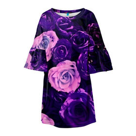 Детское платье 3D с принтом Фиолетовые розы в Екатеринбурге, 100% полиэстер | прямой силуэт, чуть расширенный к низу. Круглая горловина, на рукавах — воланы | flower | прикцветочки | розы | цветы