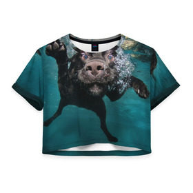 Женская футболка 3D укороченная с принтом Пес дайвер в Екатеринбурге, 100% полиэстер | круглая горловина, длина футболки до линии талии, рукава с отворотами | вода | гребет | дайвер | животное | купается | лапы | нос | пес | плавец | плывет | под водой | прикольный | пузыри | смешной | собака | щенок