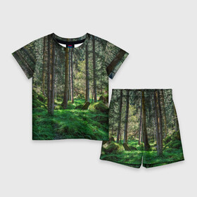 Детский костюм с шортами 3D с принтом Темный лес в Екатеринбурге,  |  | Тематика изображения на принте: бор | деревья | ель | ельник | заповедник | камни | красивый | лес | лето | мох | мрачный | прекрасный | природа | флора | чудесный