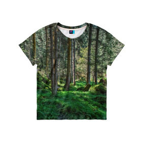 Детская футболка 3D с принтом Темный лес в Екатеринбурге, 100% гипоаллергенный полиэфир | прямой крой, круглый вырез горловины, длина до линии бедер, чуть спущенное плечо, ткань немного тянется | бор | деревья | ель | ельник | заповедник | камни | красивый | лес | лето | мох | мрачный | прекрасный | природа | флора | чудесный