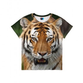 Детская футболка 3D с принтом Тигр в Екатеринбурге, 100% гипоаллергенный полиэфир | прямой крой, круглый вырез горловины, длина до линии бедер, чуть спущенное плечо, ткань немного тянется | дикая кошка | клыки | кошка | пасть | сафари | тигр | хищник