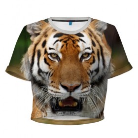 Женская футболка 3D укороченная с принтом Тигр в Екатеринбурге, 100% полиэстер | круглая горловина, длина футболки до линии талии, рукава с отворотами | дикая кошка | клыки | кошка | пасть | сафари | тигр | хищник