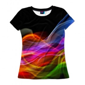 Женская футболка 3D с принтом Цветной дым в Екатеринбурге, 100% полиэфир ( синтетическое хлопкоподобное полотно) | прямой крой, круглый вырез горловины, длина до линии бедер | абстракция | волны | дым | узоры | форма | цвет