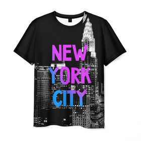 Мужская футболка 3D с принтом Нью-Йорк в Екатеринбурге, 100% полиэфир | прямой крой, круглый вырез горловины, длина до линии бедер | Тематика изображения на принте: america | capital | city | lights | new york | night | skyscrapers | tourism | usa | америка | город | ночь | нью йорк | огни | столица | сша | туризм