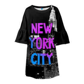 Детское платье 3D с принтом Нью-Йорк в Екатеринбурге, 100% полиэстер | прямой силуэт, чуть расширенный к низу. Круглая горловина, на рукавах — воланы | america | capital | city | lights | new york | night | skyscrapers | tourism | usa | америка | город | ночь | нью йорк | огни | столица | сша | туризм