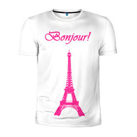 Мужская футболка 3D спортивная с принтом Bonjour в Екатеринбурге, 100% полиэстер с улучшенными характеристиками | приталенный силуэт, круглая горловина, широкие плечи, сужается к линии бедра | bonjour | france | hi | paris | the eiffel tower | tourism | башня | париж | привет | туризм | франция | эйфелева