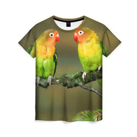 Женская футболка 3D с принтом Попугаи в Екатеринбурге, 100% полиэфир ( синтетическое хлопкоподобное полотно) | прямой крой, круглый вырез горловины, длина до линии бедер | Тематика изображения на принте: двое | классный | клюв | красивый | крылья | попугай | попугайчик | птица | птичка | радужный