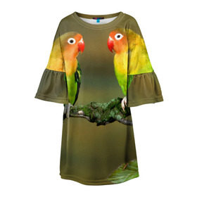 Детское платье 3D с принтом Попугаи в Екатеринбурге, 100% полиэстер | прямой силуэт, чуть расширенный к низу. Круглая горловина, на рукавах — воланы | двое | классный | клюв | красивый | крылья | попугай | попугайчик | птица | птичка | радужный