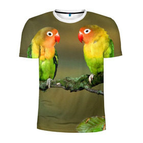 Мужская футболка 3D спортивная с принтом Попугаи в Екатеринбурге, 100% полиэстер с улучшенными характеристиками | приталенный силуэт, круглая горловина, широкие плечи, сужается к линии бедра | двое | классный | клюв | красивый | крылья | попугай | попугайчик | птица | птичка | радужный