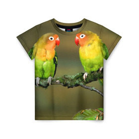 Детская футболка 3D с принтом Попугаи в Екатеринбурге, 100% гипоаллергенный полиэфир | прямой крой, круглый вырез горловины, длина до линии бедер, чуть спущенное плечо, ткань немного тянется | двое | классный | клюв | красивый | крылья | попугай | попугайчик | птица | птичка | радужный