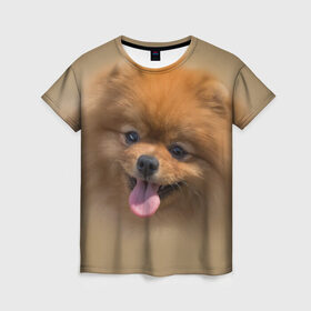 Женская футболка 3D с принтом Шпиц в Екатеринбурге, 100% полиэфир ( синтетическое хлопкоподобное полотно) | прямой крой, круглый вырез горловины, длина до линии бедер | Тематика изображения на принте: shpic | животные | мордочка | пёс | рыжий | собака | собачка | язык