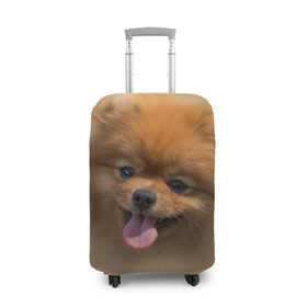 Чехол для чемодана 3D с принтом Шпиц в Екатеринбурге, 86% полиэфир, 14% спандекс | двустороннее нанесение принта, прорези для ручек и колес | Тематика изображения на принте: shpic | животные | мордочка | пёс | рыжий | собака | собачка | язык