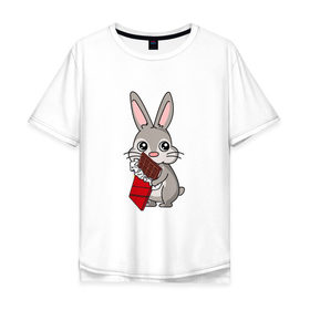 Мужская футболка хлопок Oversize с принтом Любитель шоколада в Екатеринбурге, 100% хлопок | свободный крой, круглый ворот, “спинка” длиннее передней части | животные | заяц | кролик | пасха | шоколад | юмор