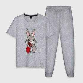 Мужская пижама хлопок с принтом Любитель шоколада в Екатеринбурге, 100% хлопок | брюки и футболка прямого кроя, без карманов, на брюках мягкая резинка на поясе и по низу штанин
 | животные | заяц | кролик | пасха | шоколад | юмор