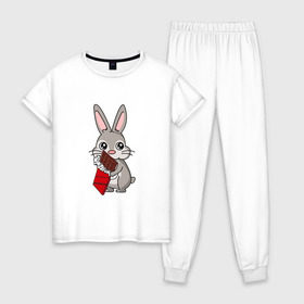 Женская пижама хлопок с принтом Любитель шоколада в Екатеринбурге, 100% хлопок | брюки и футболка прямого кроя, без карманов, на брюках мягкая резинка на поясе и по низу штанин | животные | заяц | кролик | пасха | шоколад | юмор