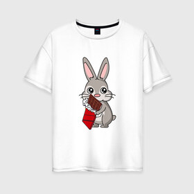 Женская футболка хлопок Oversize с принтом Любитель шоколада в Екатеринбурге, 100% хлопок | свободный крой, круглый ворот, спущенный рукав, длина до линии бедер
 | Тематика изображения на принте: животные | заяц | кролик | пасха | шоколад | юмор