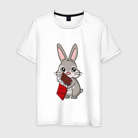 Мужская футболка хлопок с принтом Любитель шоколада в Екатеринбурге, 100% хлопок | прямой крой, круглый вырез горловины, длина до линии бедер, слегка спущенное плечо. | животные | заяц | кролик | пасха | шоколад | юмор